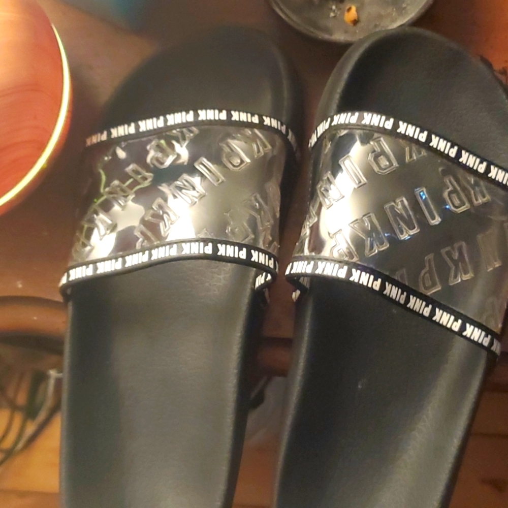 Slip on pink slides black clear